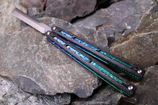 Flagship Tanto 002: Carbon Fiber W/Blue to Green Jeweled Ano (Sharpened Swedge)